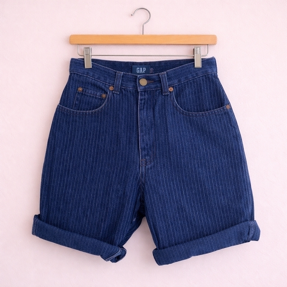 VINTAGE GAP High Waist Pin Stripe Dark Wash Denim Shorts Sz 3/4